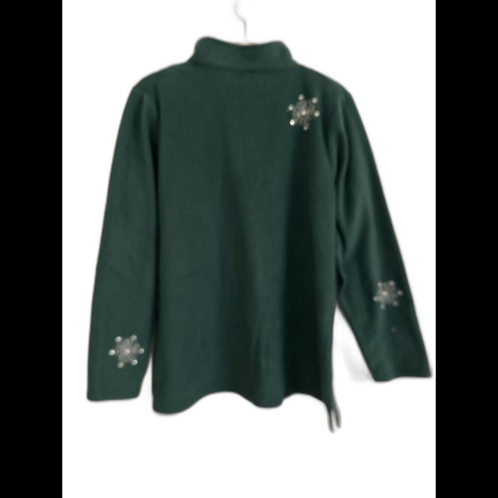 Quacker Factory Green Fleece Quarter zip with snowflake detail and pull - Picture 4 of 4